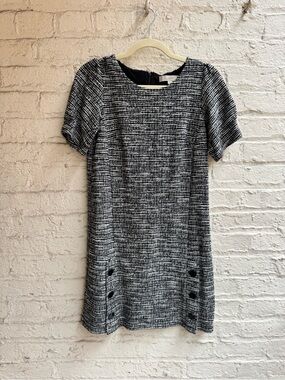LOFT Black and White Textured Short-Sleeve Shift Dress